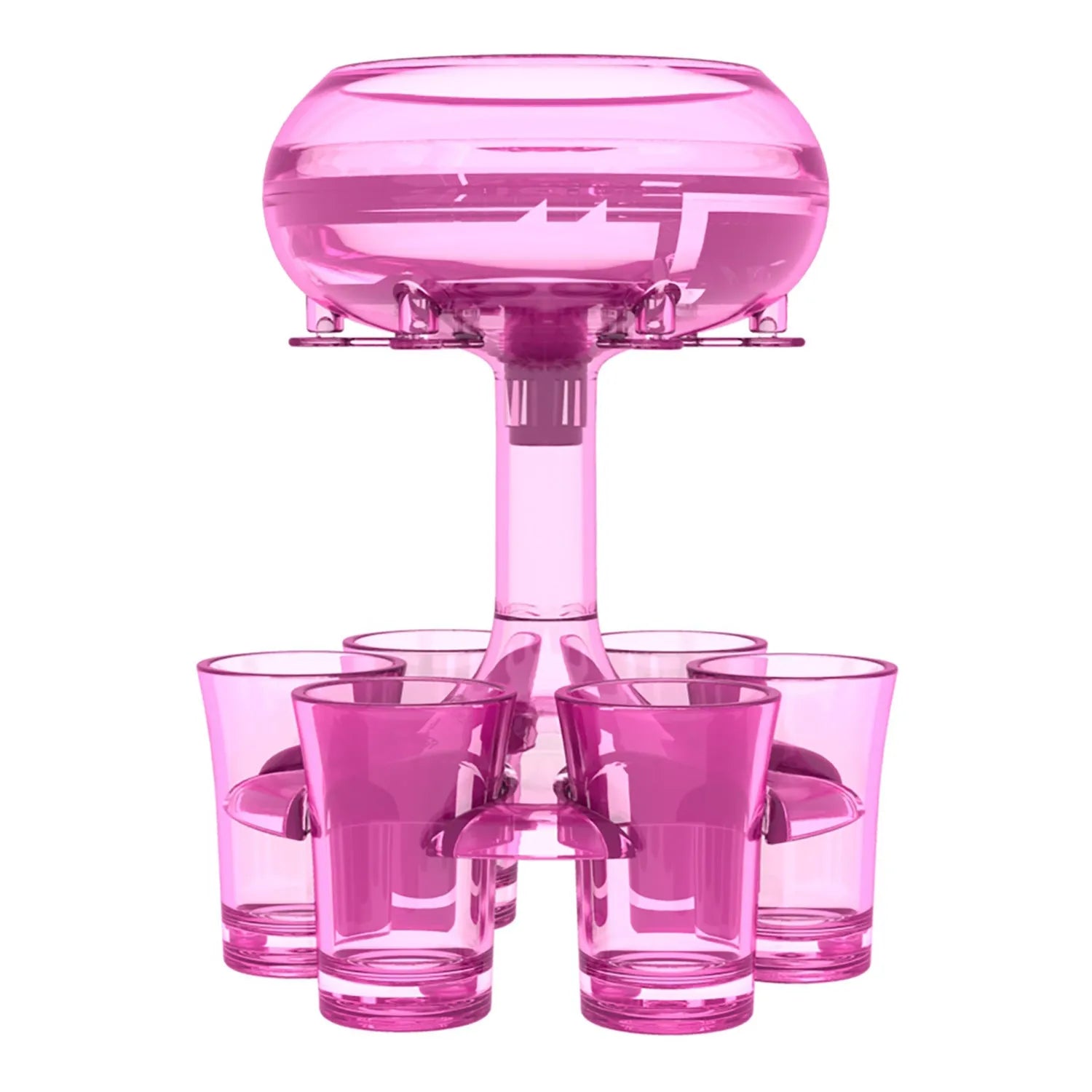 Clear PMMA 6-shot glass dispenser holder with rack and six cups on a table.