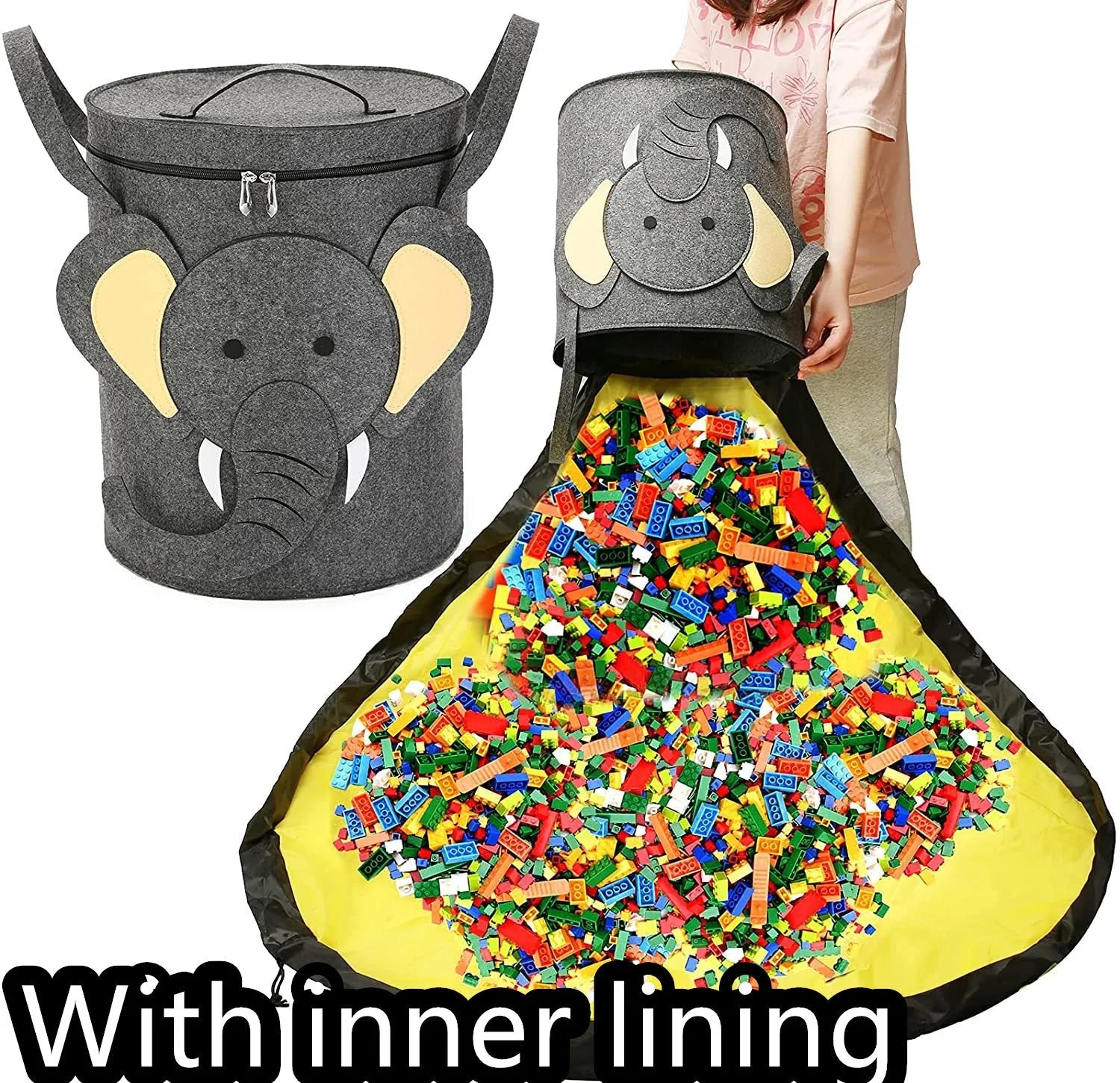 Green felt cube storage bag with pull rope closure shown as toy play mat