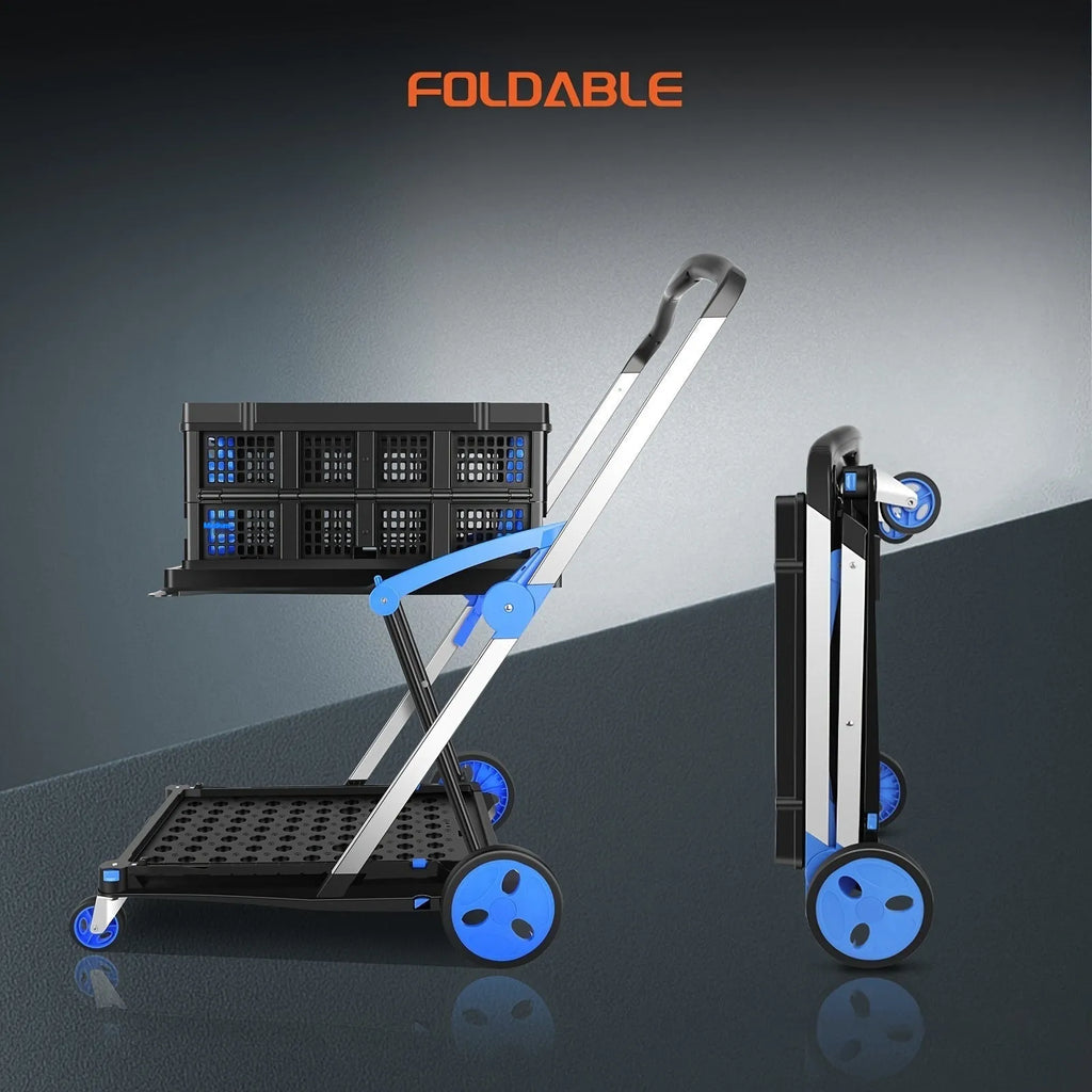 Blue foldable shopping cart with two plastic baskets, shown in an open, ready-to-use position.