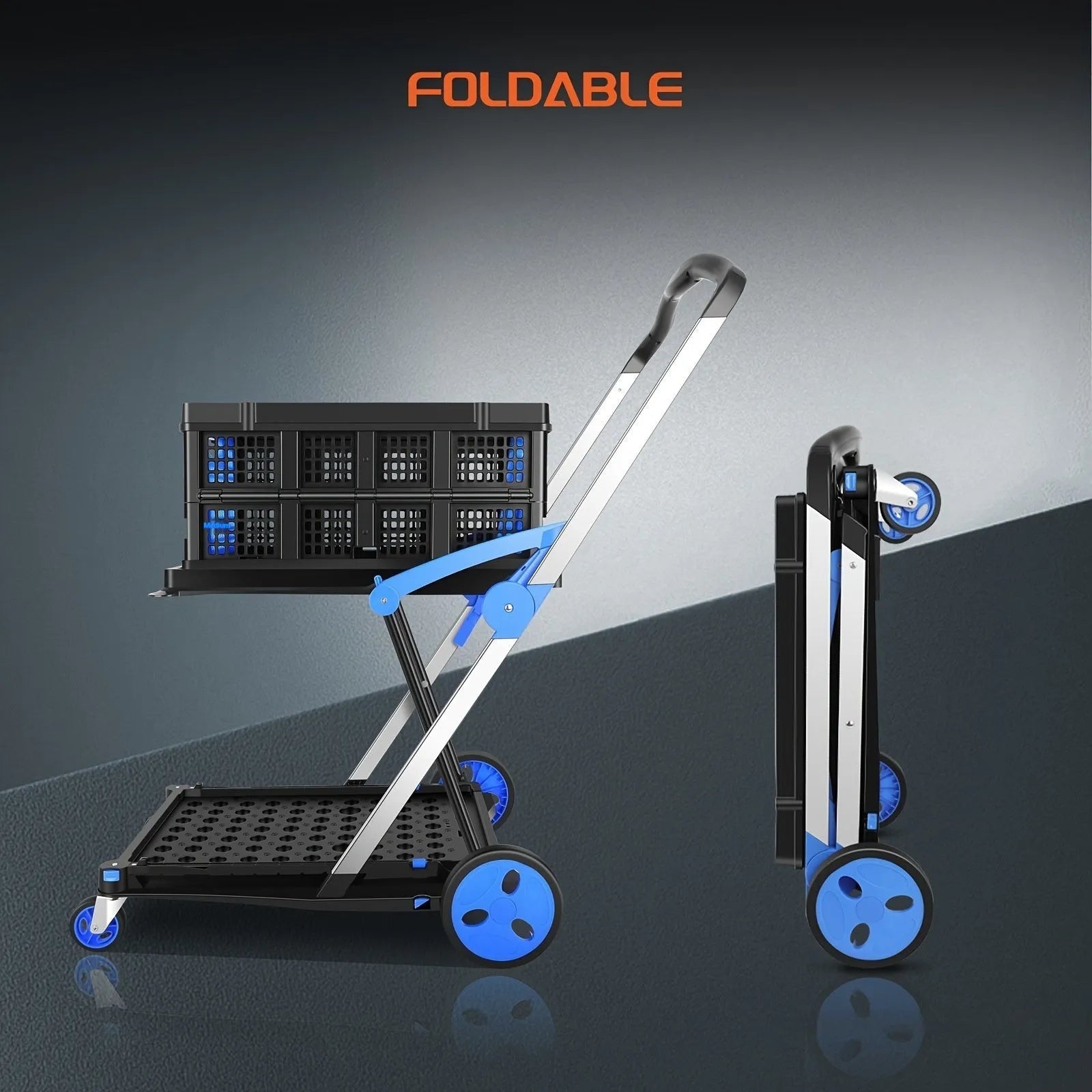 Blue foldable shopping cart with two plastic baskets, shown in an open, ready-to-use position.