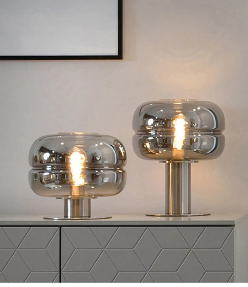 Modern minimalist glass table lamp with metal holder in short and tall height options