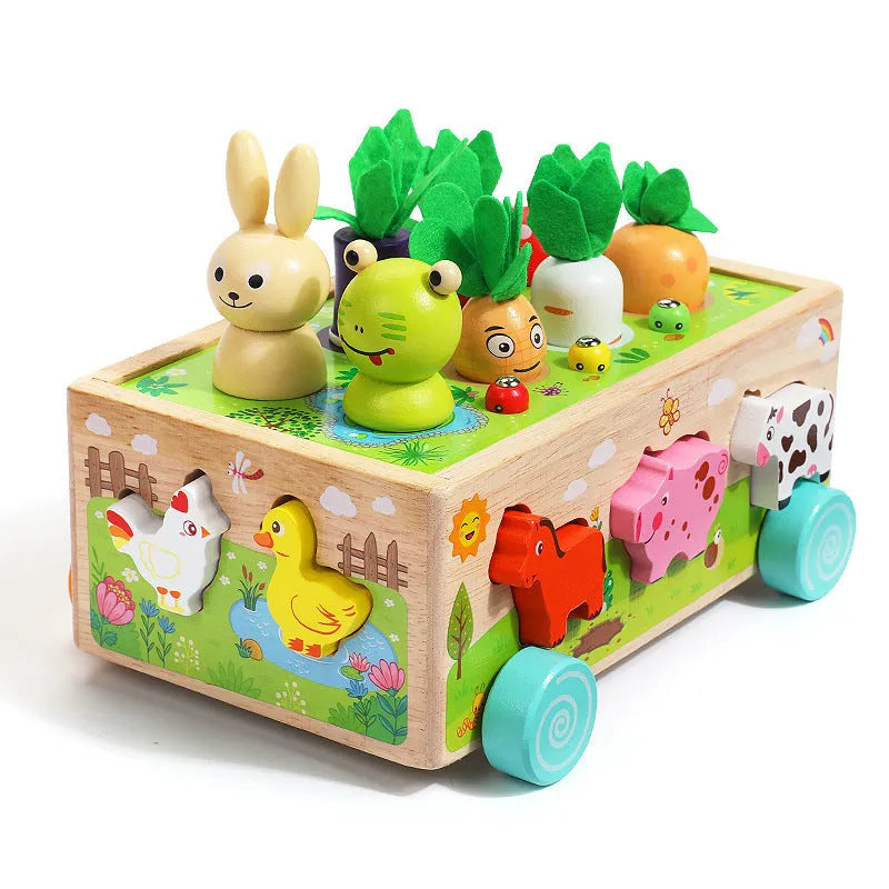 Children's wooden puzzle toy farm animal car with radishes and insects for infants