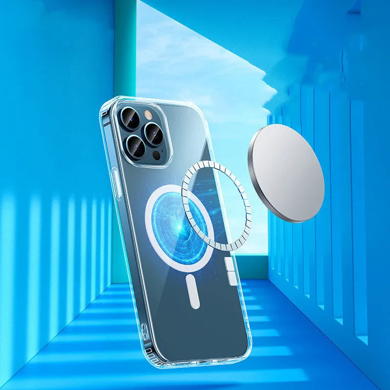 Transparent MagSafe compatible iPhone 13 protective case showing magnetic connectors and airbag anti-fall design