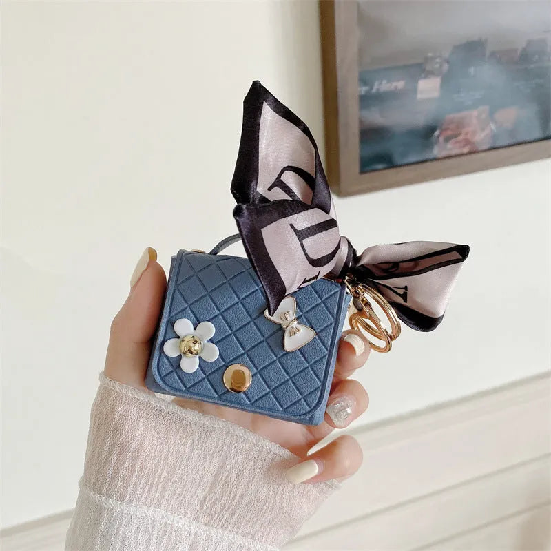 Korean Style Silk Scarf Earphone Bag for AirPods, Pink Faux Leather DIY Soft Shell Case