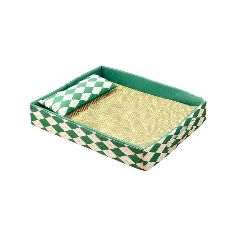 Blue rattan cat litter mat and bed showing woven texture with size options displayed