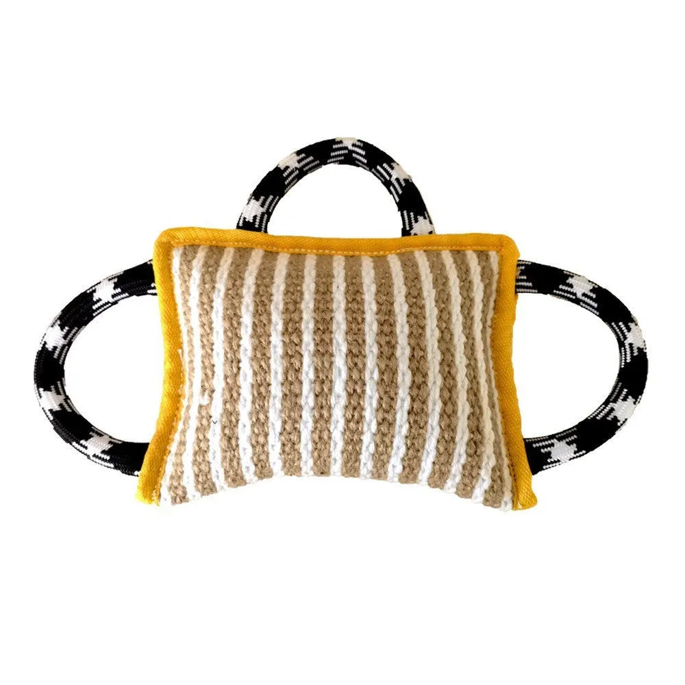 Jute dog tug toy with three rope handles showing 26 cm bite pillow for medium large dogs