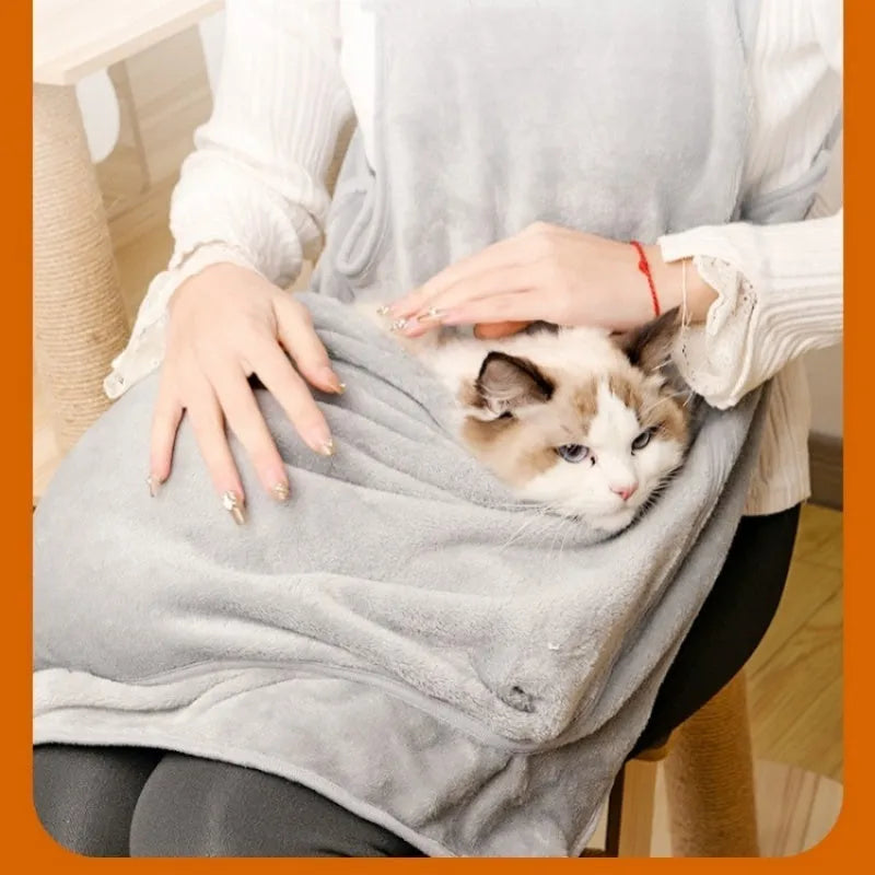 Plush pet carrier apron with adjustable neck strap and sleeping pocket for small cats and dogs