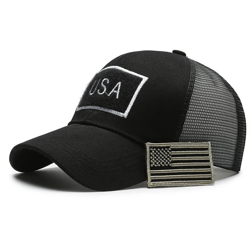 Adjustable Velcro tactical camouflage baseball cap with machine embroidery on cotton dome crown