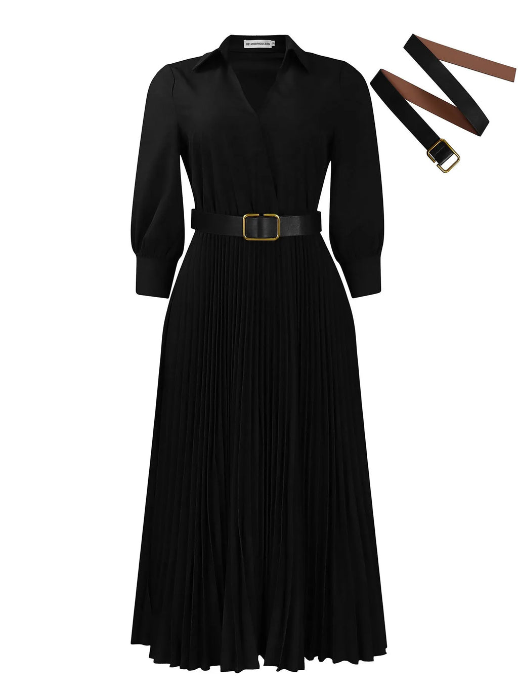 Women's polo collar dress with pleated swing skirt and belt detail in solid colour