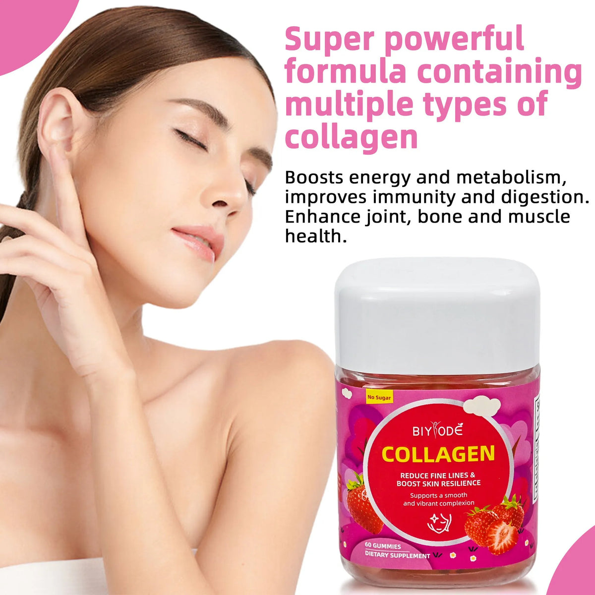 Bottle of strawberry flavoured collagen gummies for hair skin and nails – 60 gummies