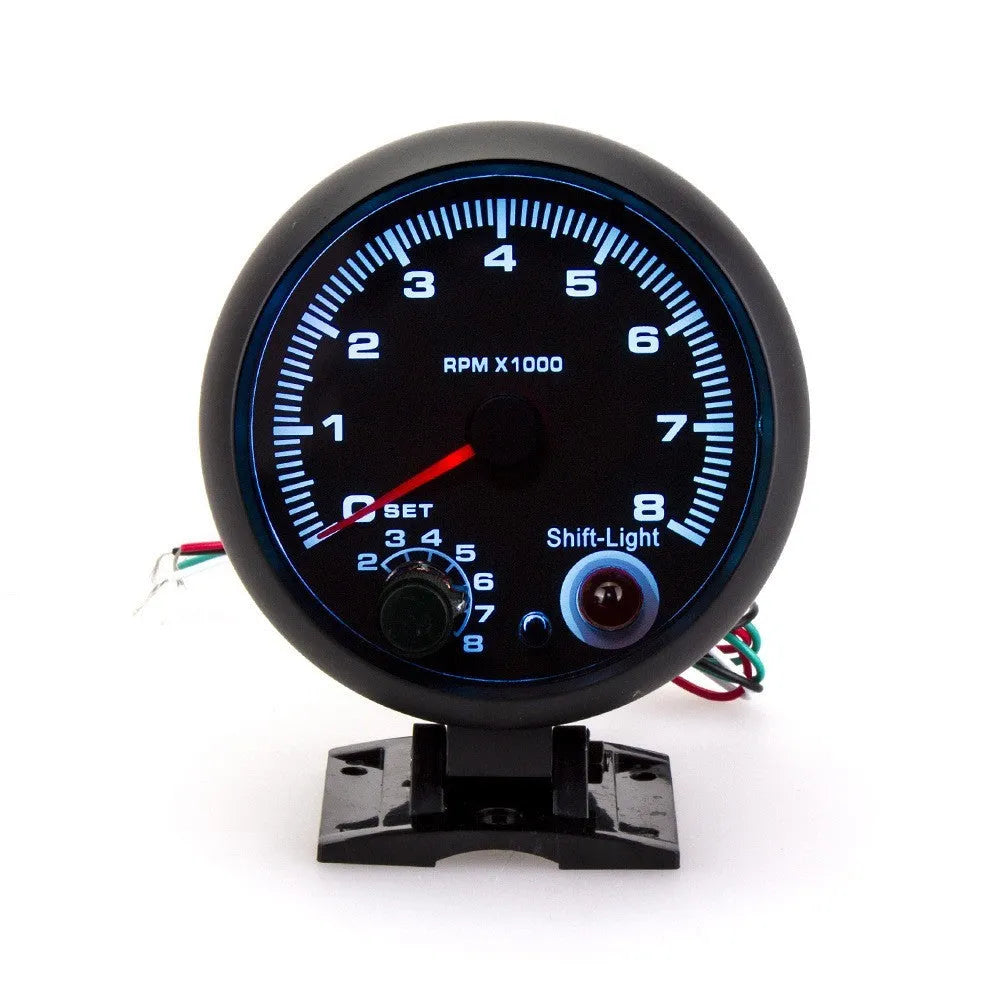 Blue light pointer car tachometer 0-8000 RPM 95mm diameter black plastic housing