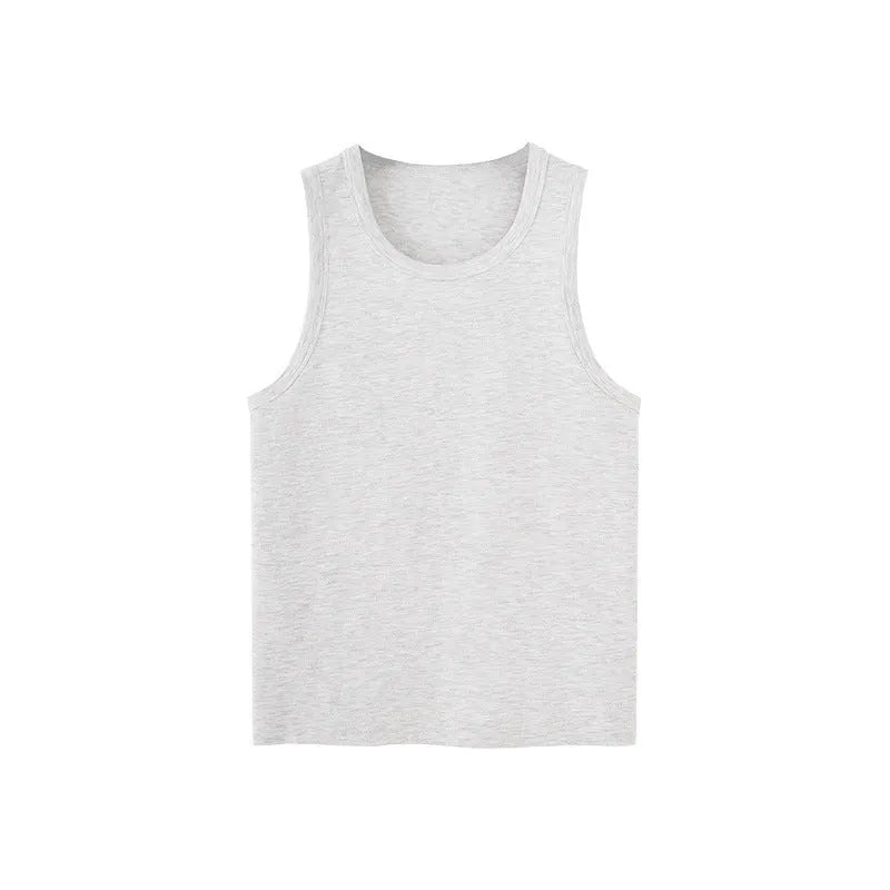 Navy slim fit stretch t-shirt shown in vest and short sleeve styles for men and women.