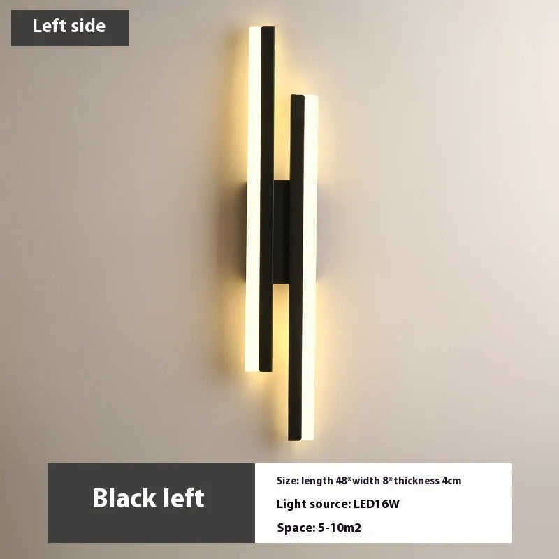 Modern minimalist Scandinavian LED wall light with acrylic shade in black or gold finish, shown in 48cm, 50cm, and 65cm sizes.