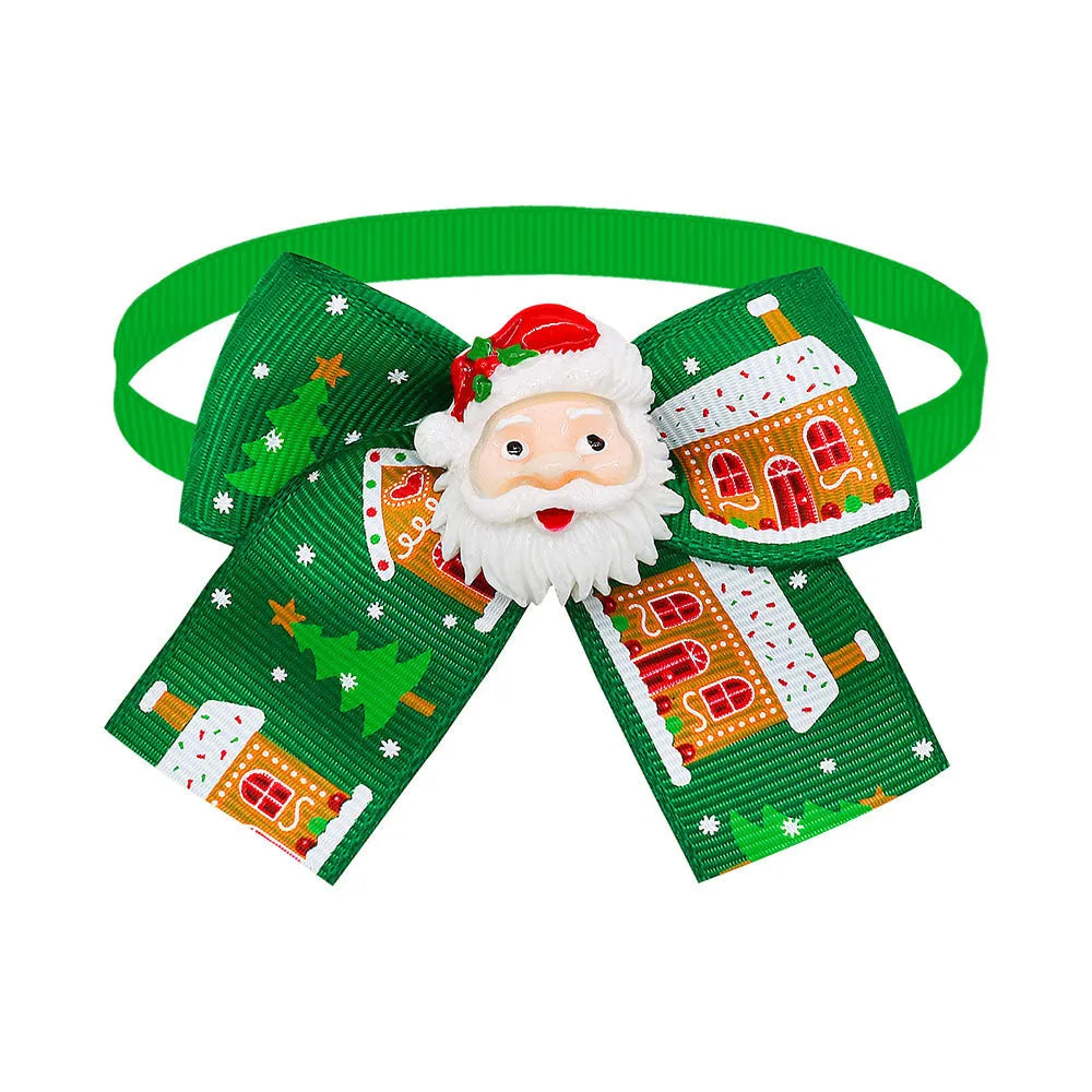 Red and green British style polyester bow tie accessory with elastic band for pet, doll or Christmas tree.