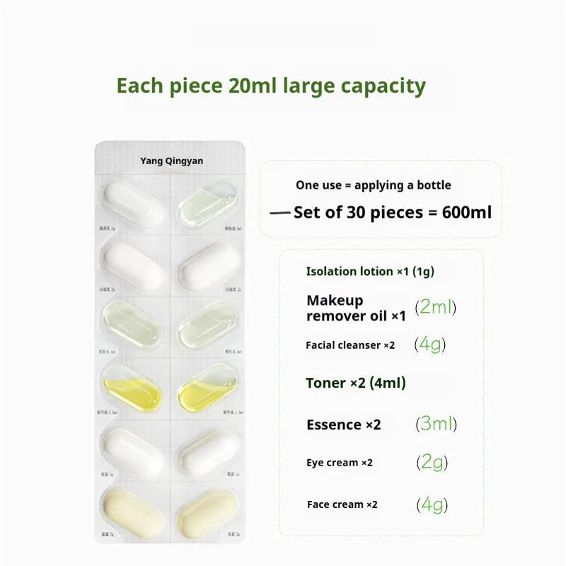 Disposable water emulsion sample travel set with 7 piece trial pack of genuine skincare products