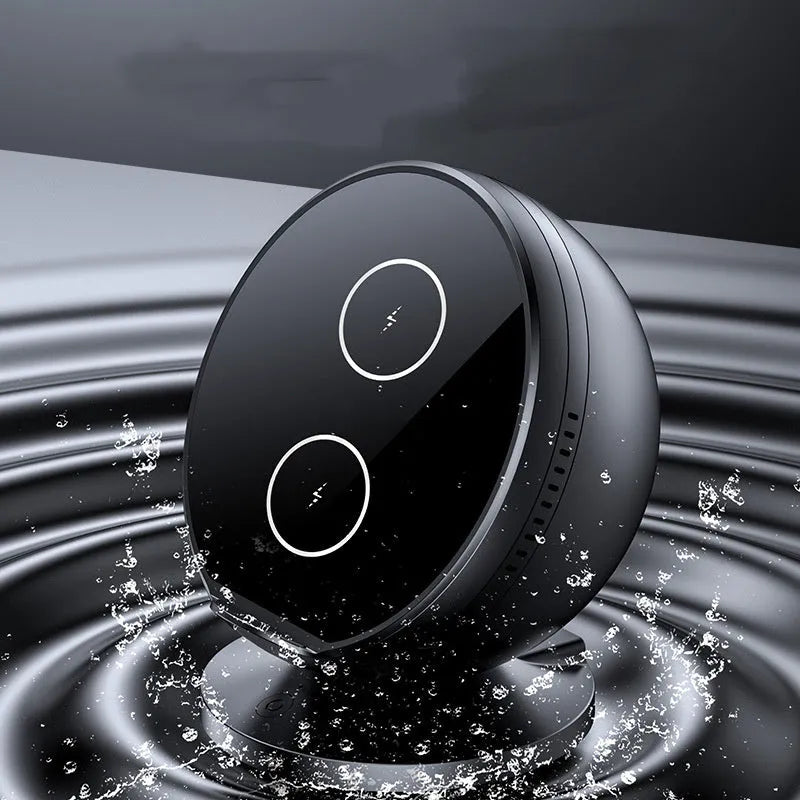 XC-11 mobile phone wireless charger holder with Bluetooth speaker in black colour on desk