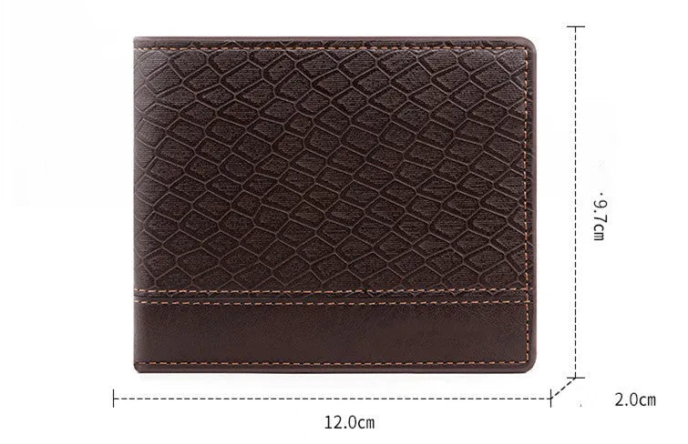 Men's PU leather embossed snake pattern wallet in earth brown with multiple card slots and coin pocket