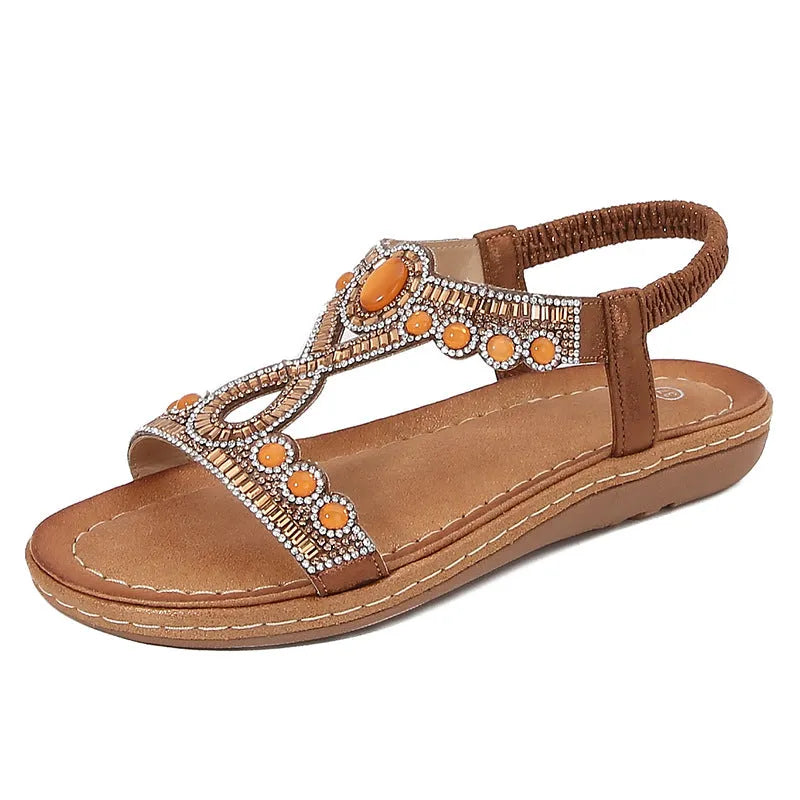 Women's frosted bohemian sandals with rhinestone decoration, elastic band, and solid colour PU upper