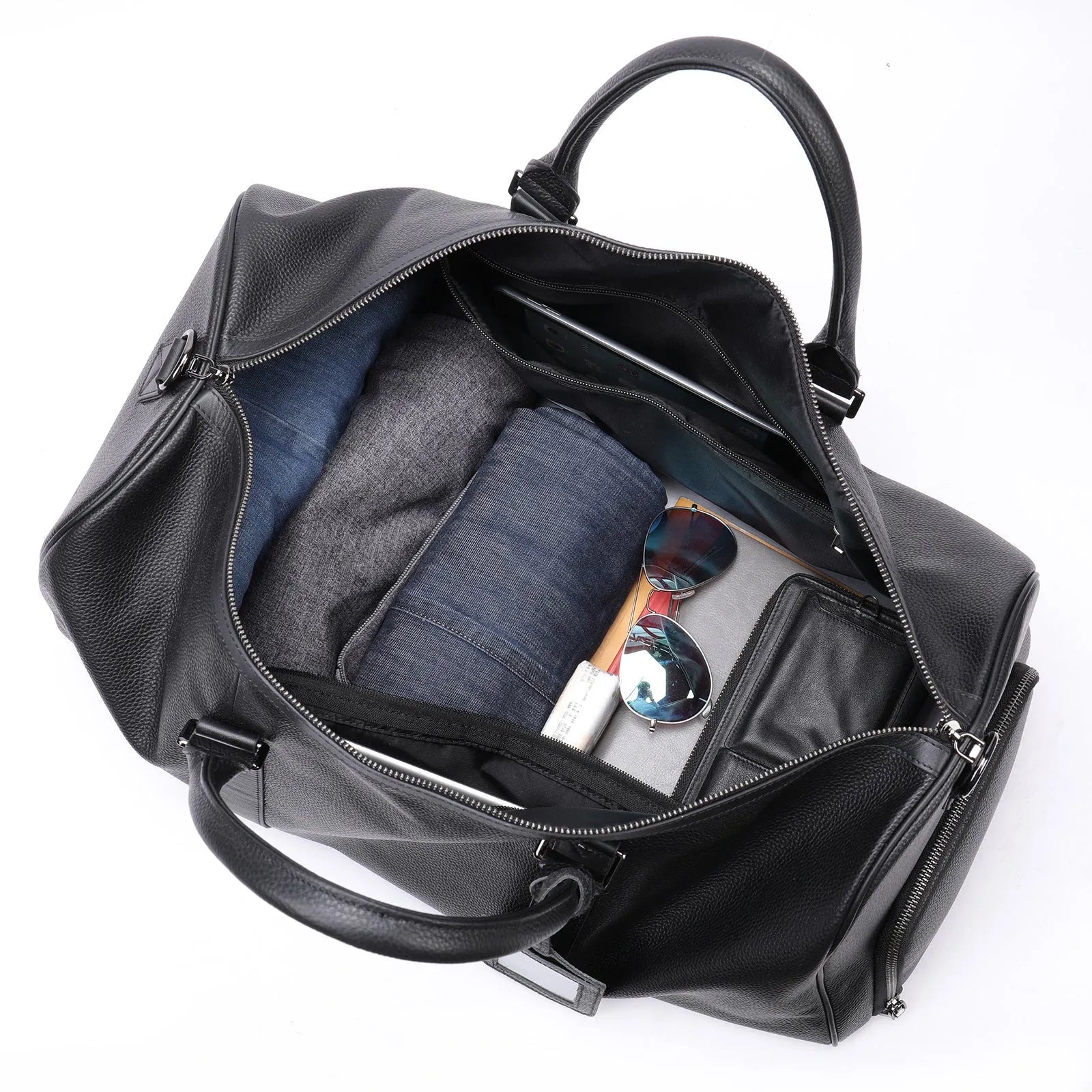Men's black leather excursion bag with single shoulder strap showing 44cm length measurement