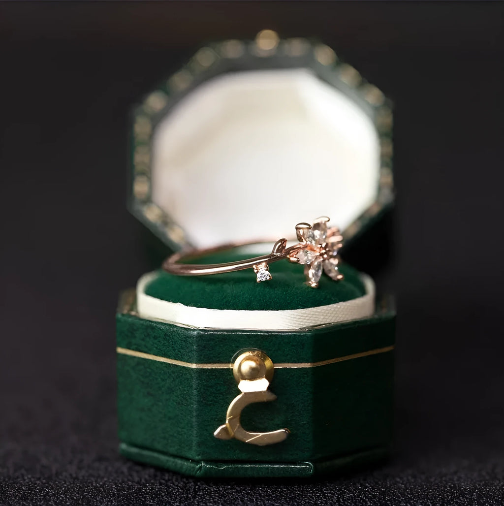 Floral art deco wedding band with diamond gemstone in rose gold setting