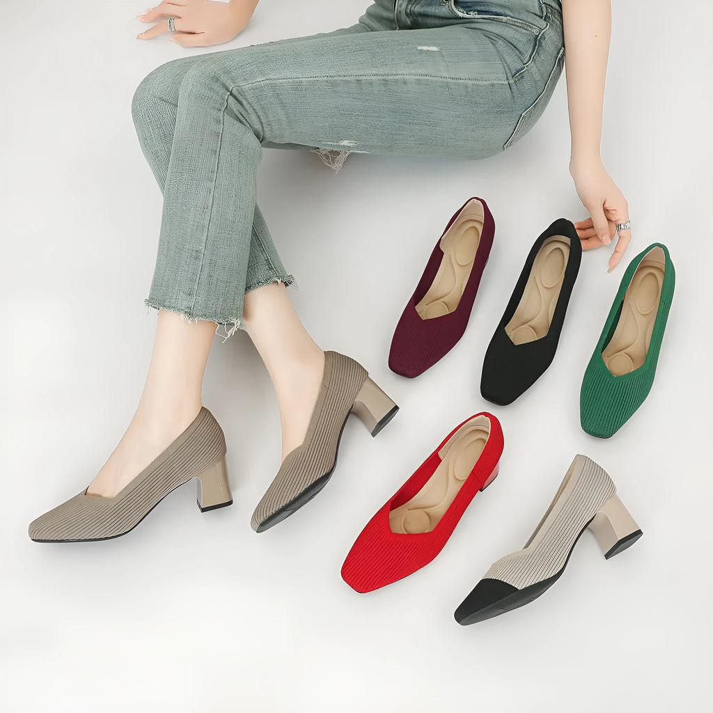 Women's knitted block heel shoes square toe breathable fabric upper mid-heel 3-6cm for commuting