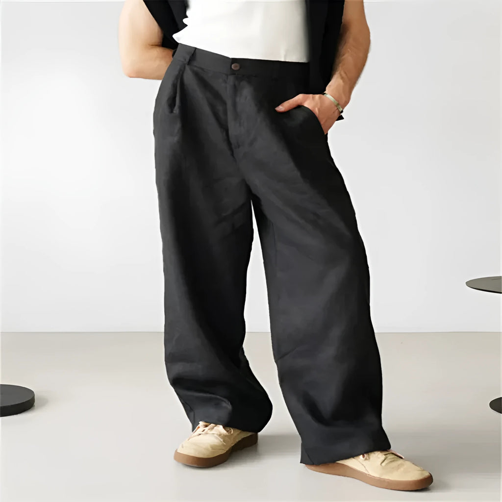 Men's loose high-waist linen jogger pants in a straight-leg cut, shown in a neutral colour.