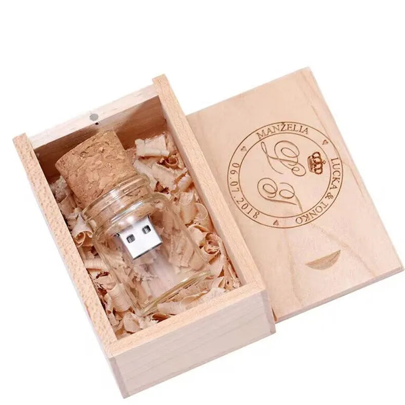 Wooden Wish Drift Bottle USB Disk – bottle-shaped wooden USB flash drive with transparent finish, 60×28mm