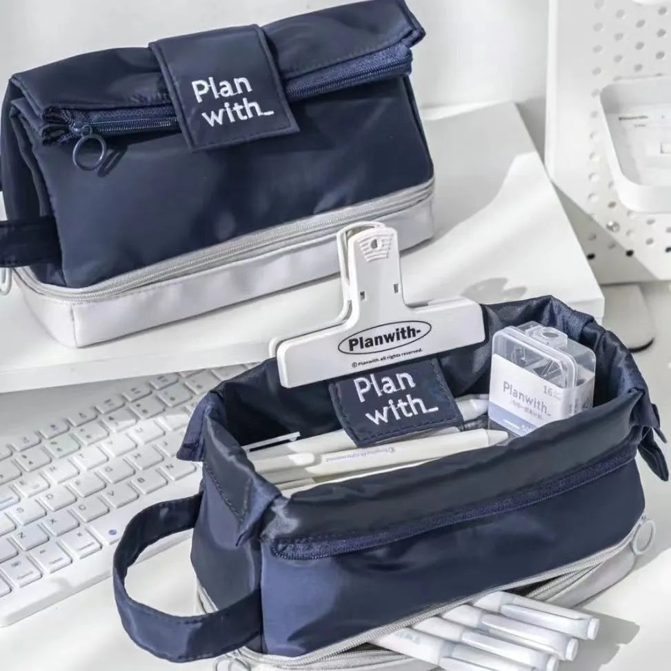 Folding double-layer student pencil case in dark blue, blue, or cream white colour