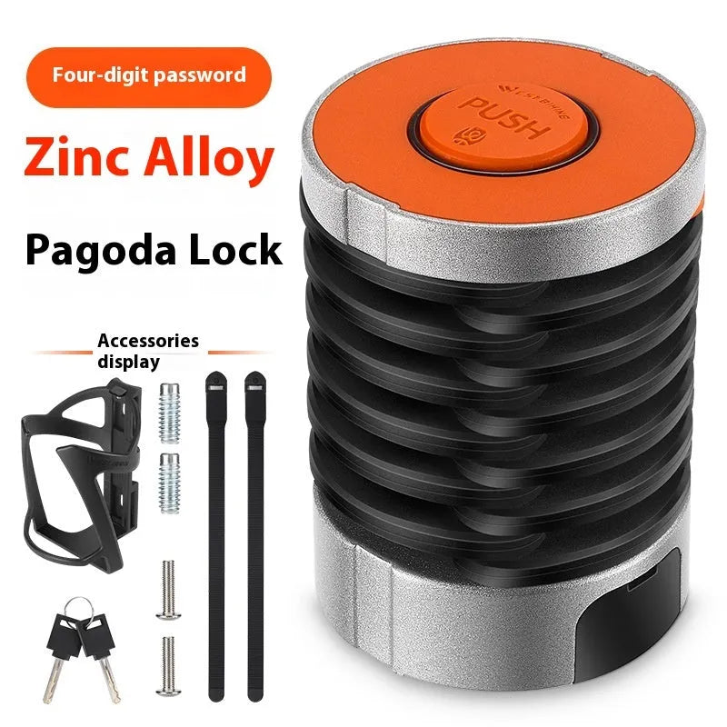Black bicycle folding lock with password dial mounted on water bottle cage