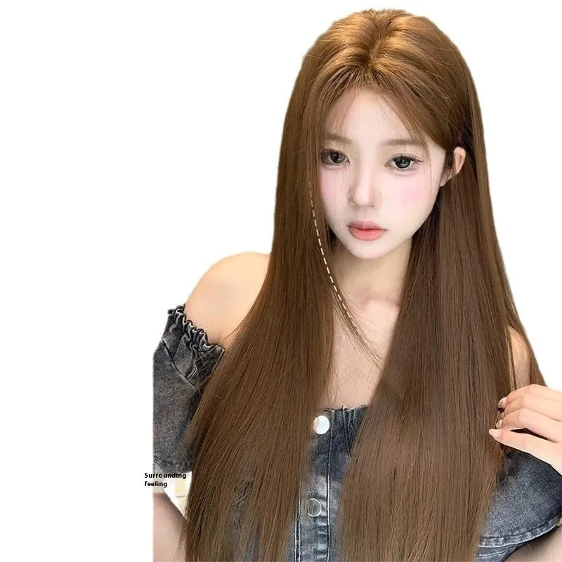 Warm brown long straight wig with centre-parted bangs and forehead lace construction