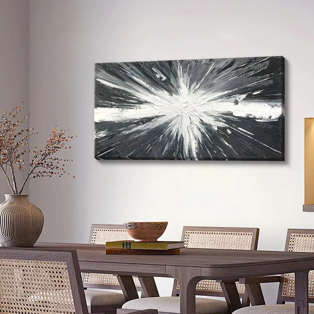 Abstract hand painted oil painting on canvas, black and white texture, horizontal orientation, for living room wall decor