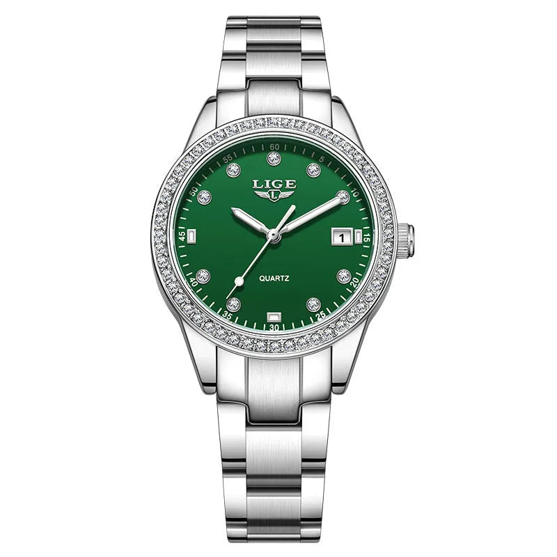 Women's silver fashion watch with diamond markers and luminous hands on stainless steel bracelet