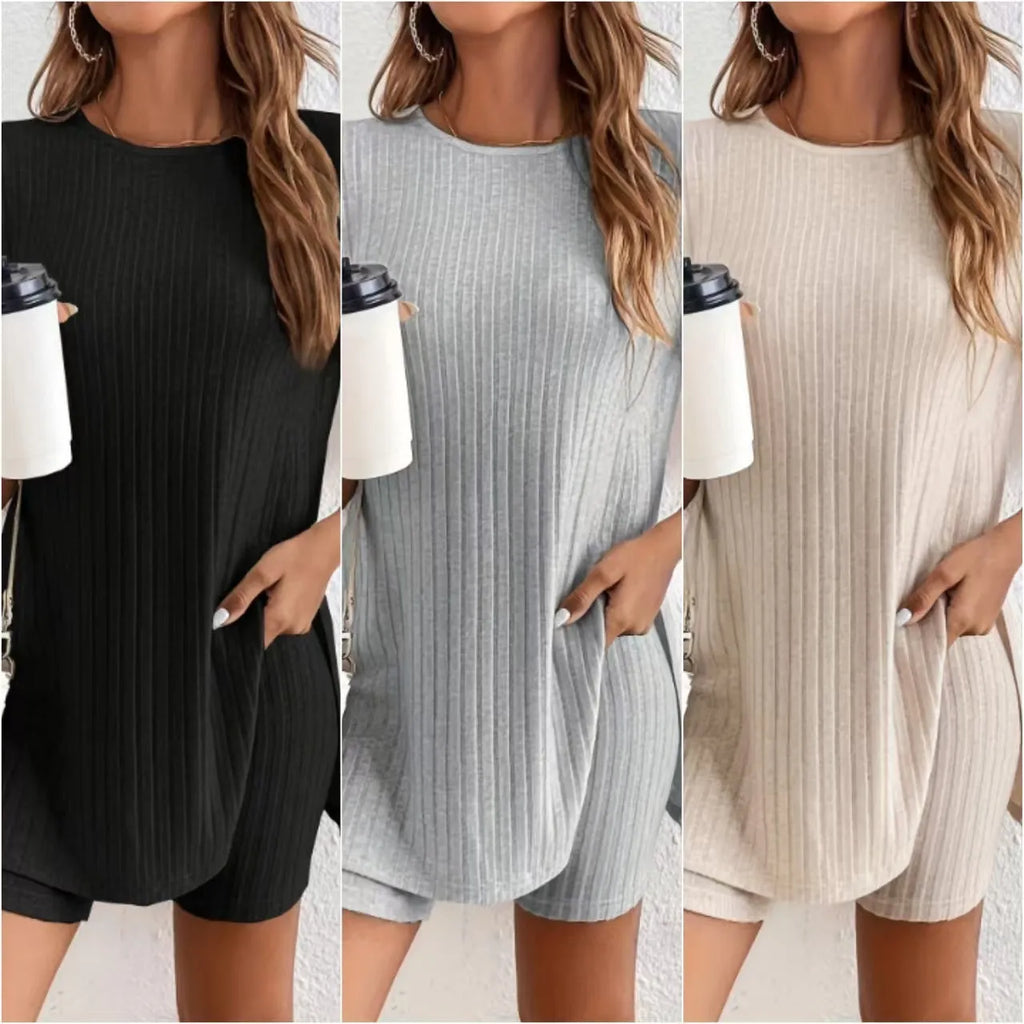 Women's black cotton crew neck short sleeve top and matching shorts suit set with ribbed detailing