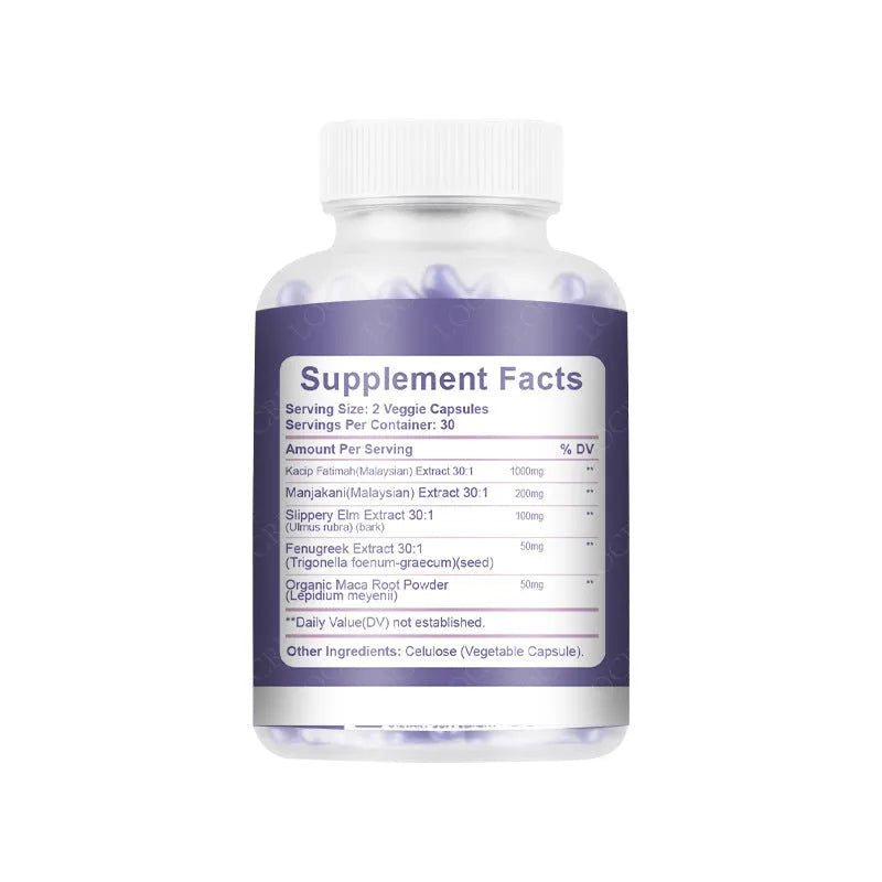 Bottle containing 60 vaginal capsules for adult female intimate health supplement