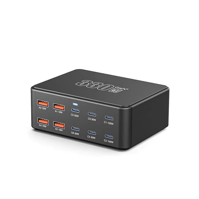 330W super fast charge porous charger with 120W output in black casing, multi-region plug