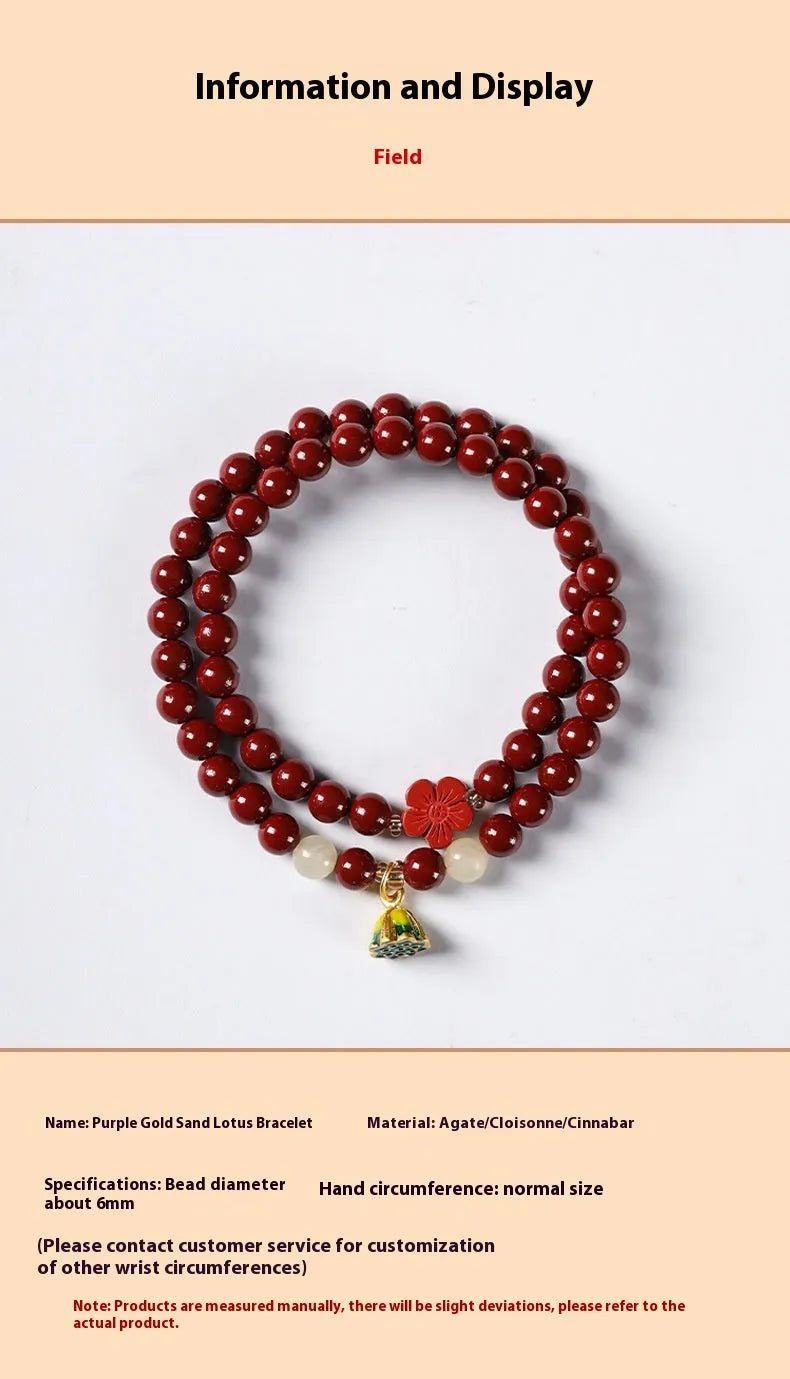 Purple gold cinnabar bead bracelet with lotus decoration and double circle design