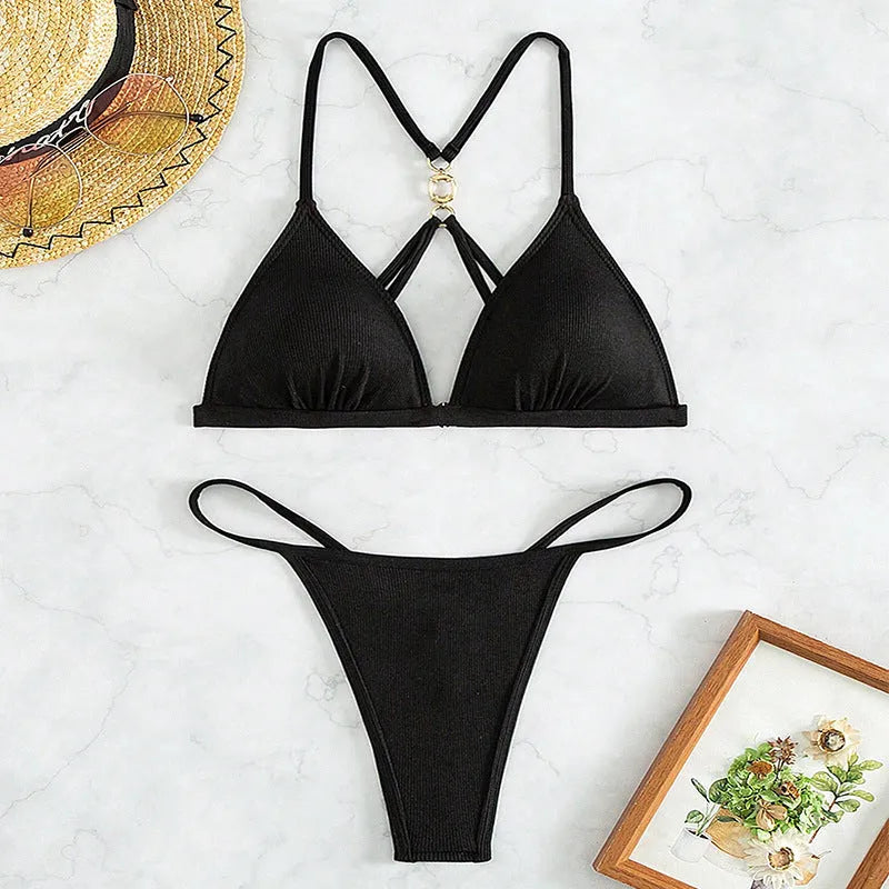 Black women's hollow backless triangle bikini two-piece swimwear set