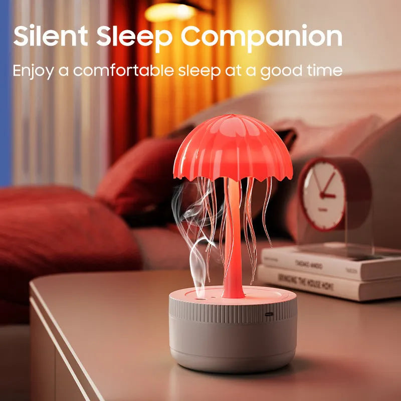 White round plastic USB humidifier with rotating colourful light, single fog outlet, and 0.5-1L water tank