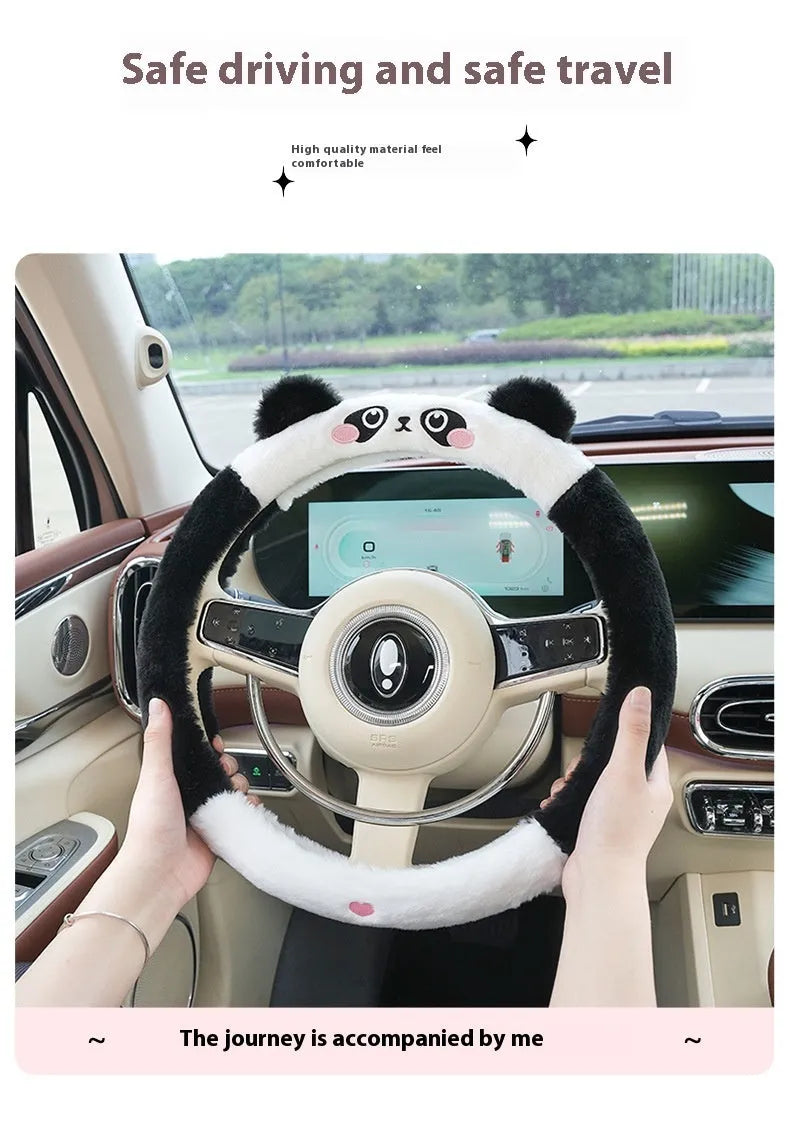 Plush thermal car steering wheel cover with rabbit fur embroidered cartoon design, 38cm diameter