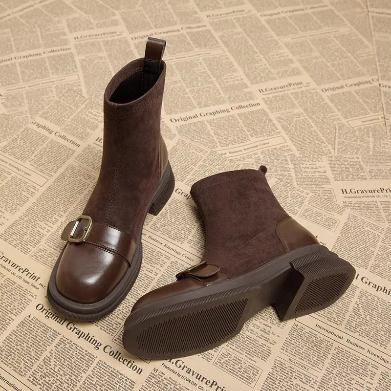 Brown retro British style women's sock boots with block heel and leather splicing detail