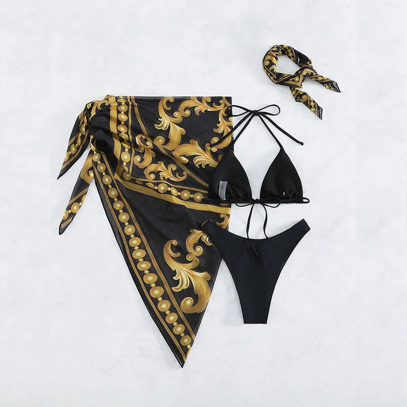 Women's vintage print lace-up bikini swimsuit three-piece set in blue on a mannequin.