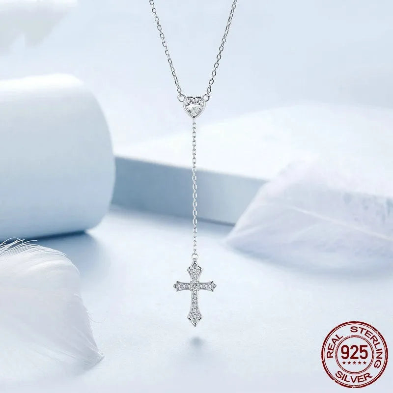 Silver love cross necklace for women with V-neck design and O-ring chain in colour BSN384