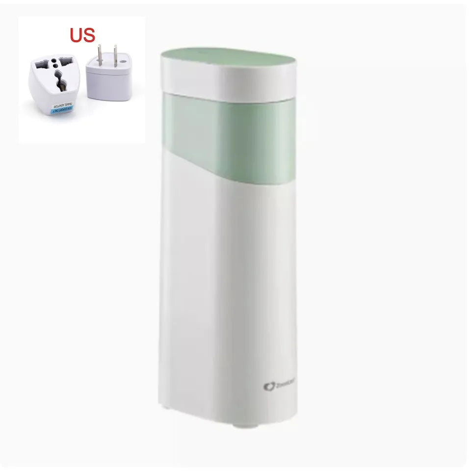 Black portable instant water dispenser with digital display on a wooden desktop.