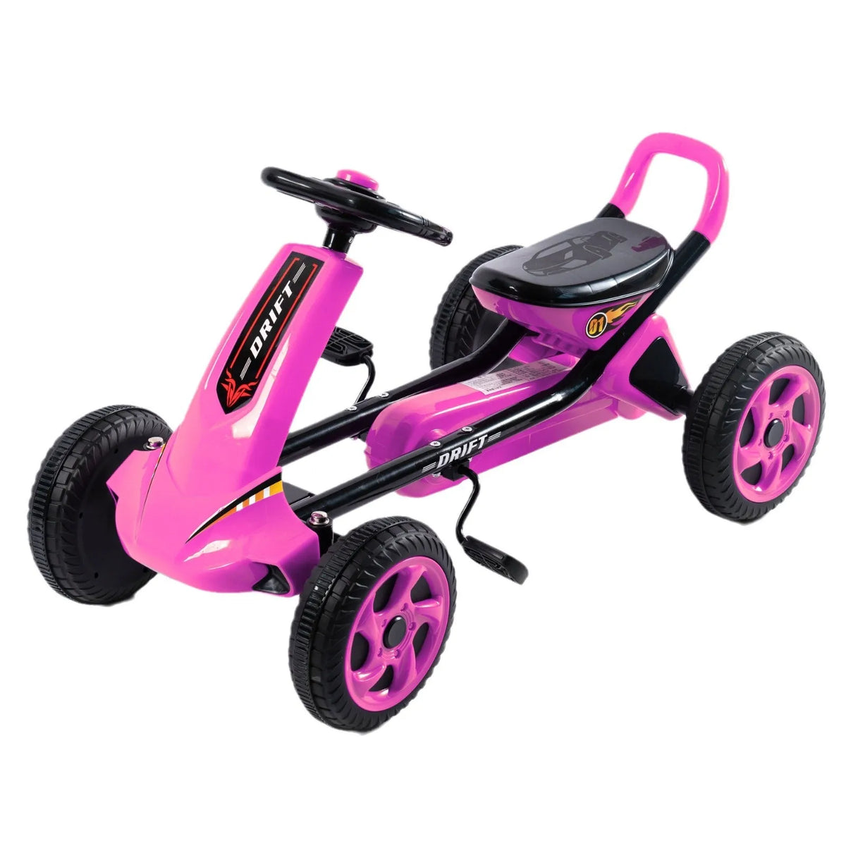 Red metal children's pedal karting four-wheel bike on outdoor surface