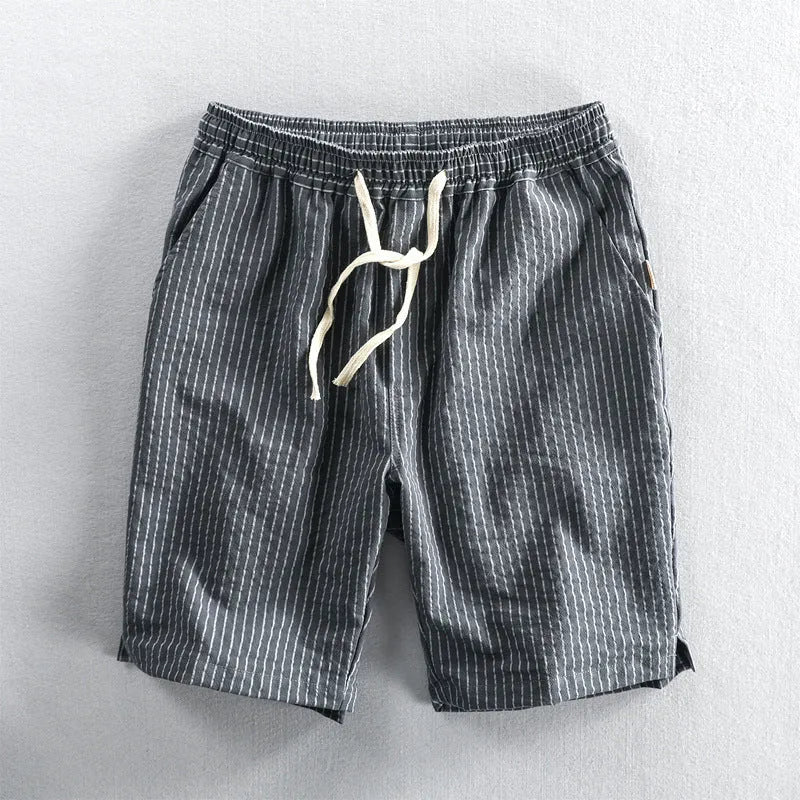 Men's striped cotton casual shorts with loose straight fit and micro elastic waist