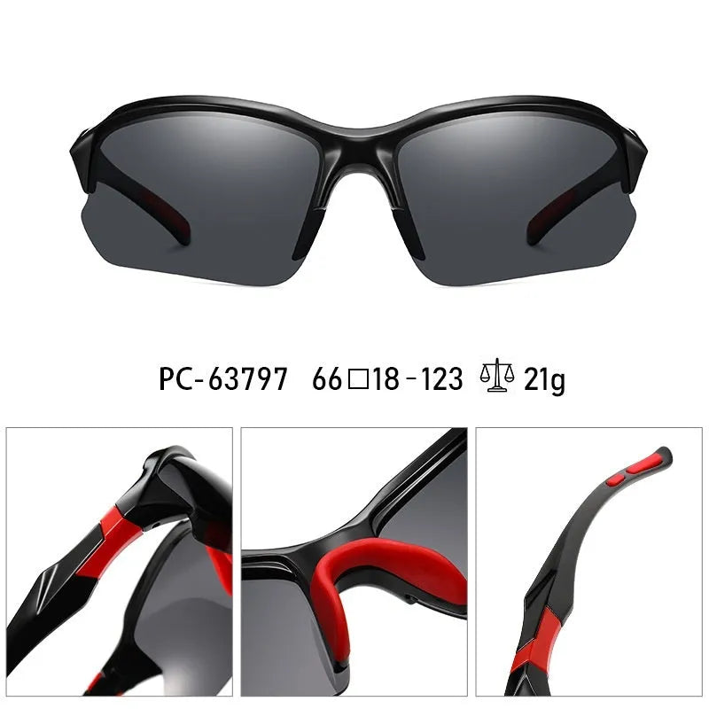 Men’s polarized photochromic sunglasses with bright black frame and full gray lenses for cycling and driving