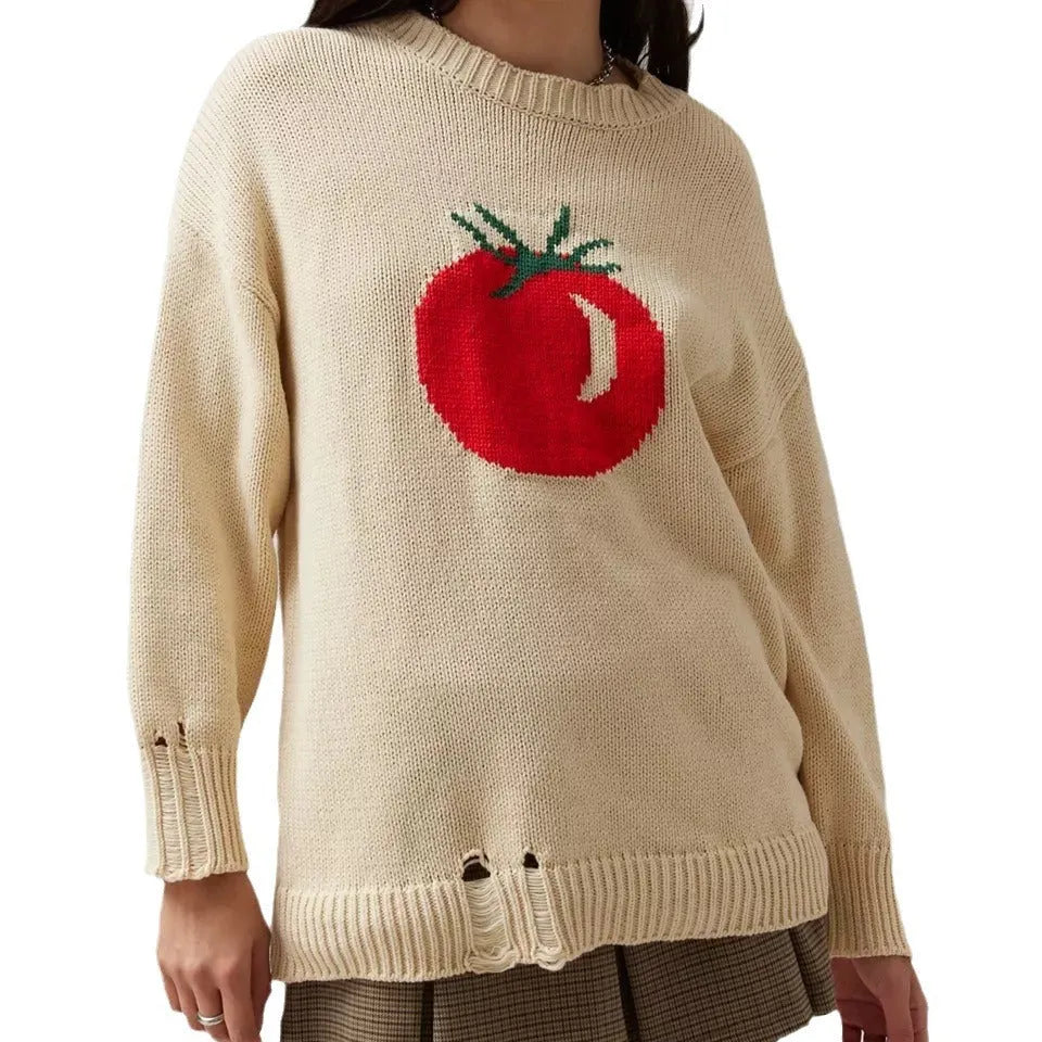 Women's milky white round neck acrylic sweater with jacquard texture, loose fit, long sleeves