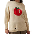 Women's milky white round neck acrylic sweater with jacquard texture, loose fit, long sleeves