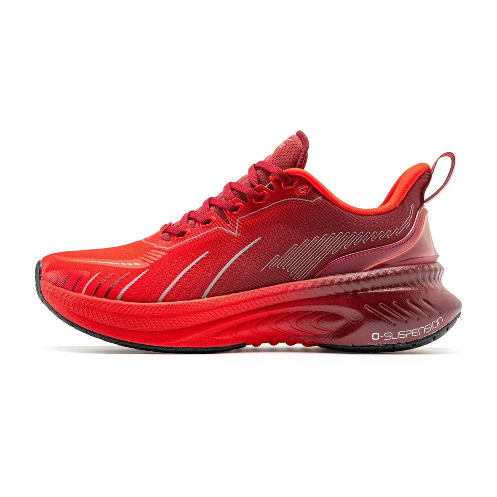 Low top running shoes in PU mesh with embroidery detail, shown in a red colourway on a rubber sole.