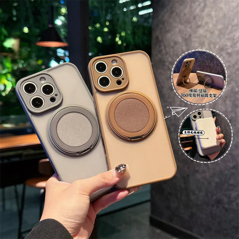 Frosted magnetic rotating bracket phone case for iPhone 17 in multiple colour options showing bracket extended